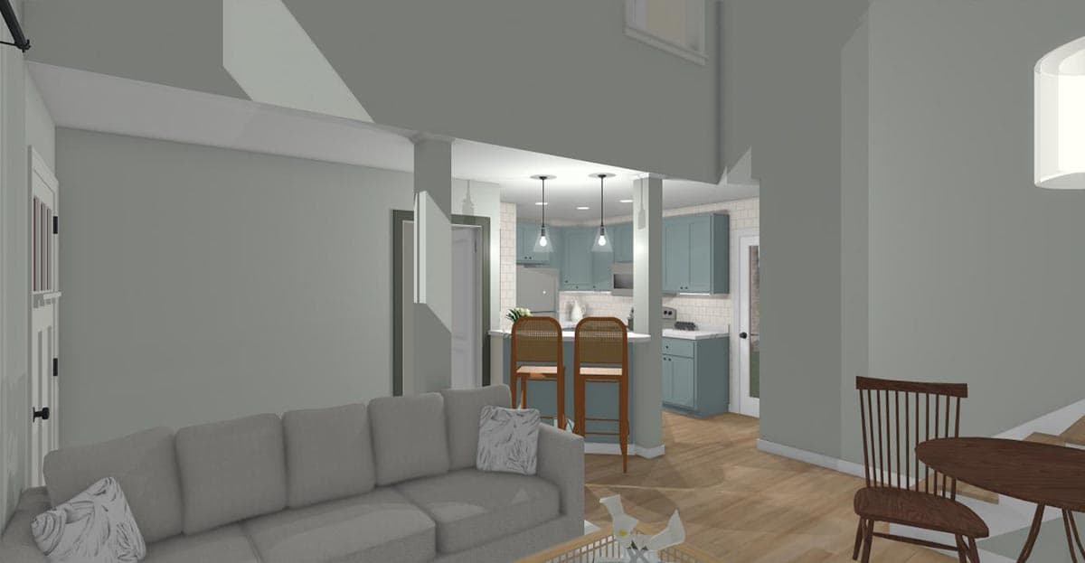 Plan 430825SNG: 750 Square Foot Farmhouse-style ADU with 2-Story Living Room - Image #6 - Cottage, Country, Farmhouse, Traditional