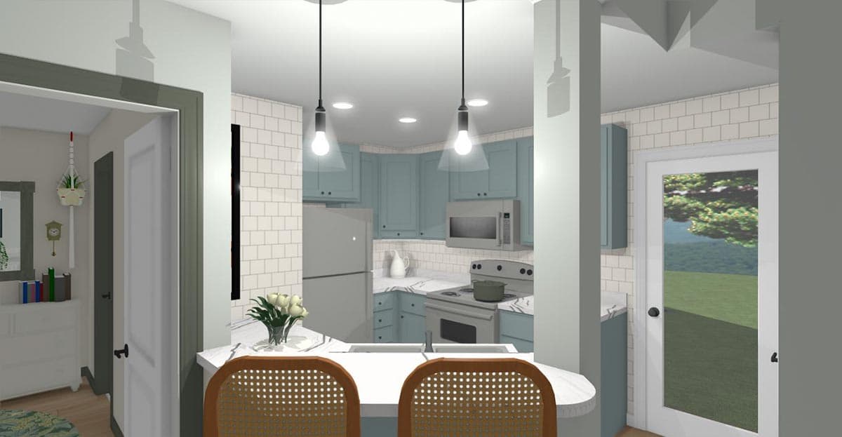 Plan 430825SNG: 750 Square Foot Farmhouse-style ADU with 2-Story Living Room - Image #7 - Cottage, Country, Farmhouse, Traditional