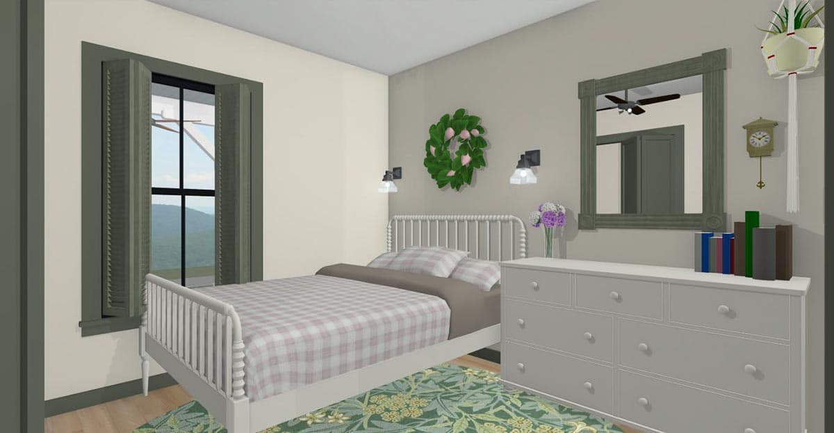 Plan 430825SNG: 750 Square Foot Farmhouse-style ADU with 2-Story Living Room - Image #9 - Cottage, Country, Farmhouse, Traditional