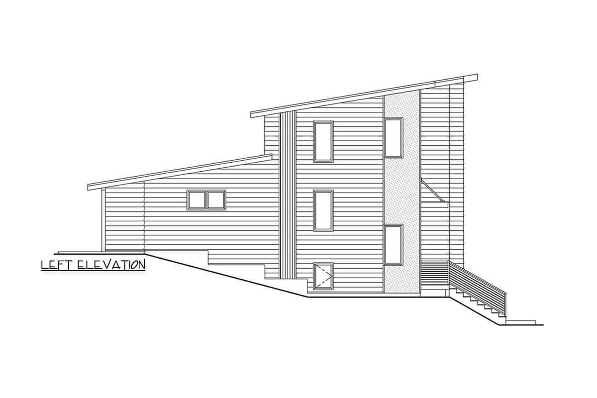 Left elevation drawing of a two-story house with a sloping roof, horizontal siding, and multiple windows.