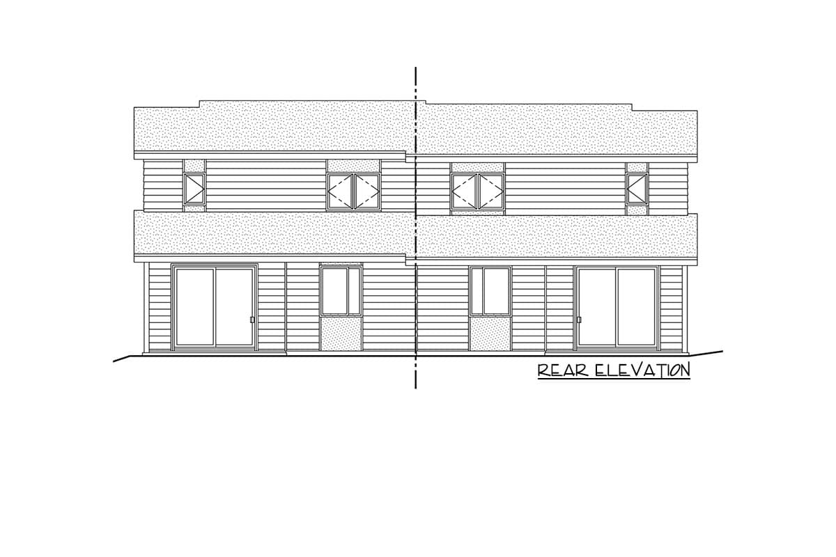 Rear elevation drawing of a two-story house plan with horizontal siding, prominent roofline, and multiple windows.