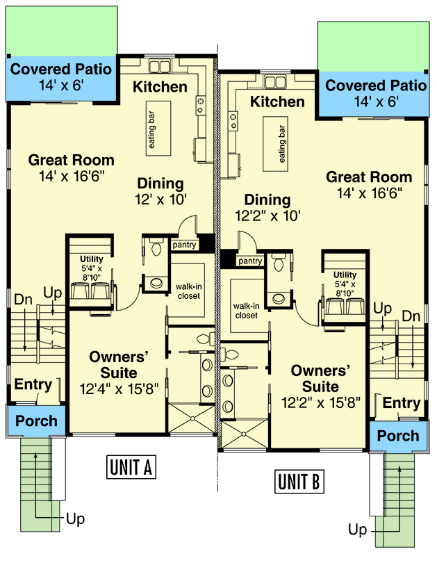 Plan 72367DA: Hillside Townhouse Duplex Home Plan with Matching Units Each Under 2000 Square Feet - Floor Plan - Main Level