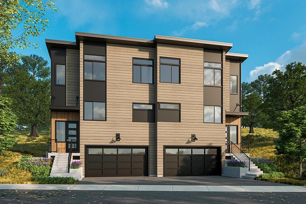 Modern house plan exterior with two stories. Features include a flat roof, horizontal siding, and attached garage. Includes two units.