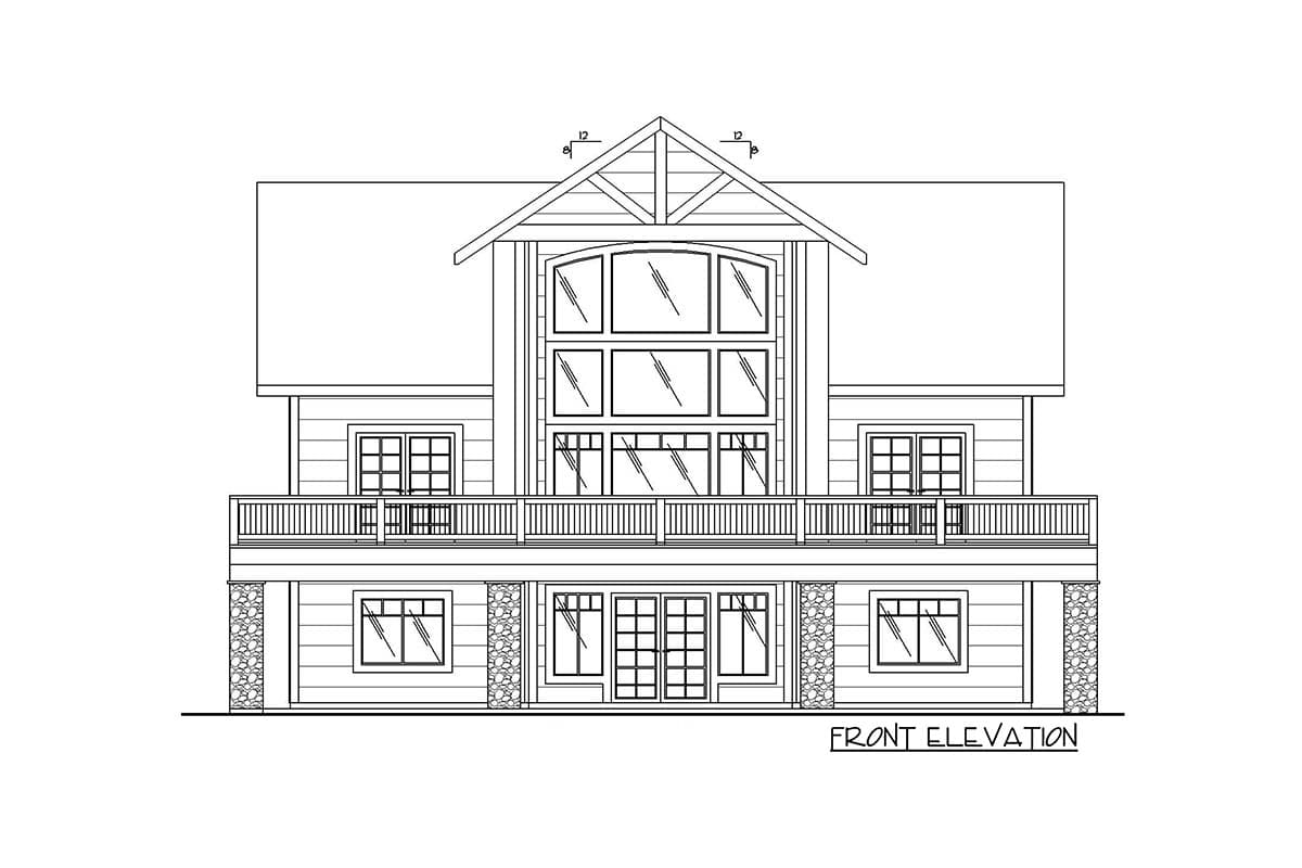 Front elevation of a two-story house plan with a large central gable, wraparound deck, and stone accents.