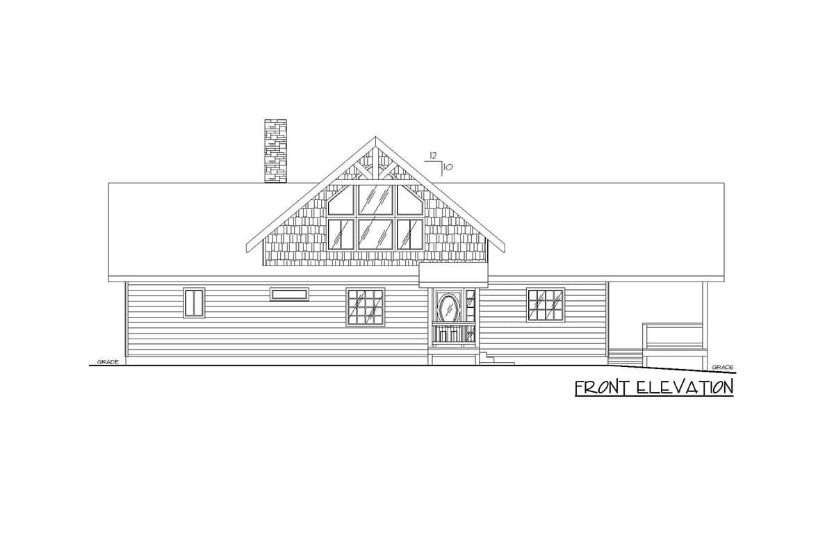 Front elevation house plan drawing showing a 1.5-story house with a prominent gable, large central window, covered porch, and brick chimney.