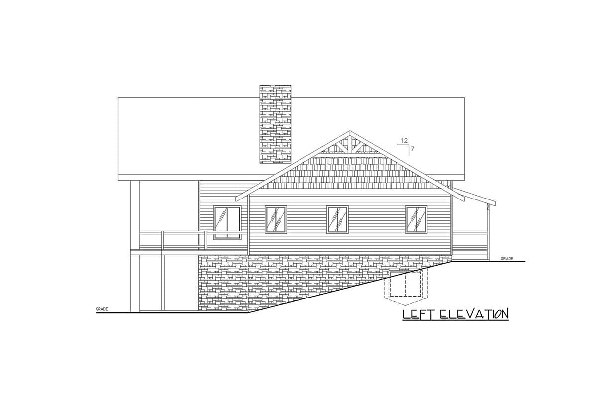 Left elevation house plan showing a two-story home with stone base, horizontal siding, gable roof, and chimney.