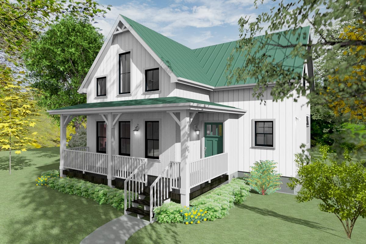 House plan exterior. Two-story farmhouse with a front porch, gables, and a green metal roof. Board and batten siding.