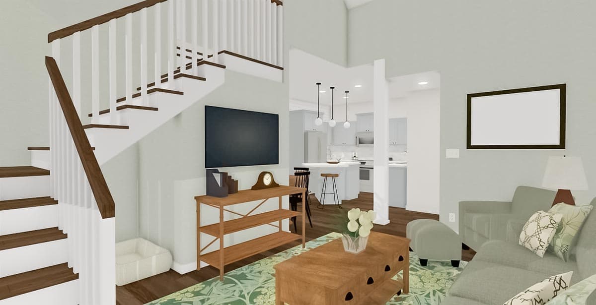Interior rendering of a living area with a staircase, kitchen island, and modern furniture.
