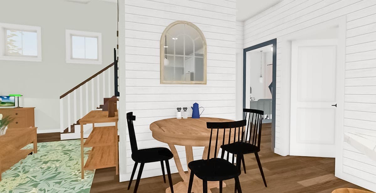 Interior rendering showing a dining area with a round table, chairs, and a mirrored arched window above.