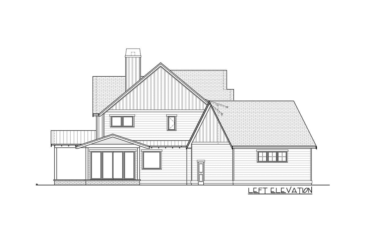 Left elevation house plan showing a two-story home with gables, dormers, a prominent chimney, and a covered porch with bi-fold doors.