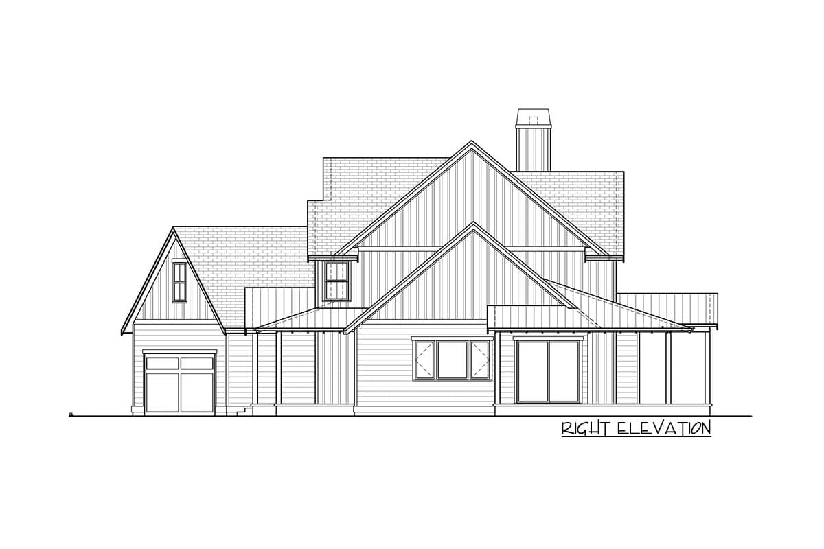 Right elevation house plan. Features a side-facing garage, multiple gables, a prominent chimney, and covered porch areas.