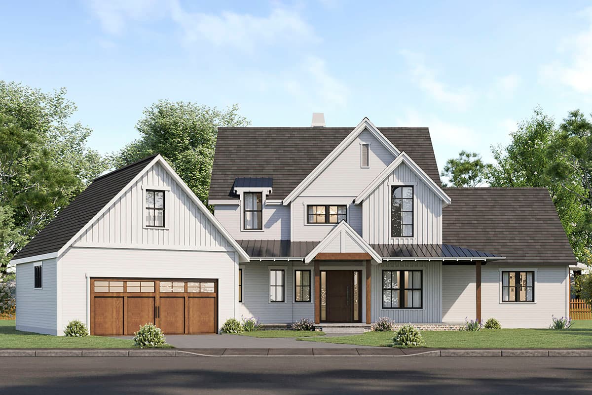 House plan exterior. Modern Farmhouse style, two stories, with gabled rooflines, dormers, and attached garage. Includes front porch.