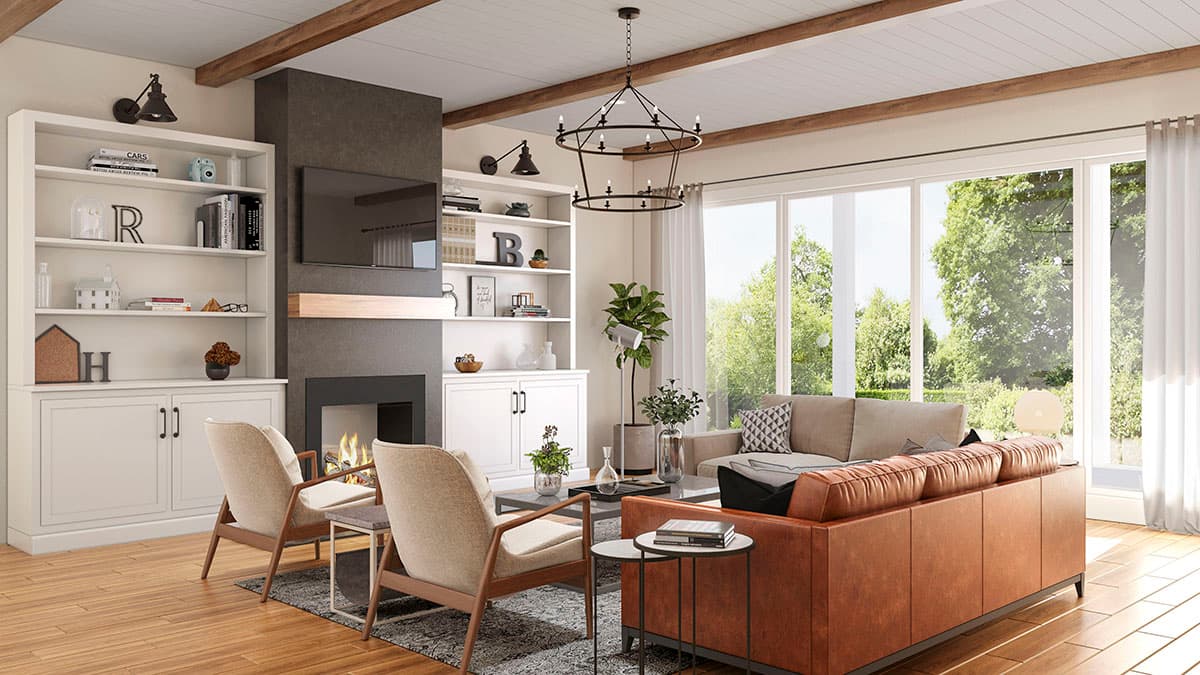Living room with fireplace, built-in bookshelves, large windows, and modern furniture.