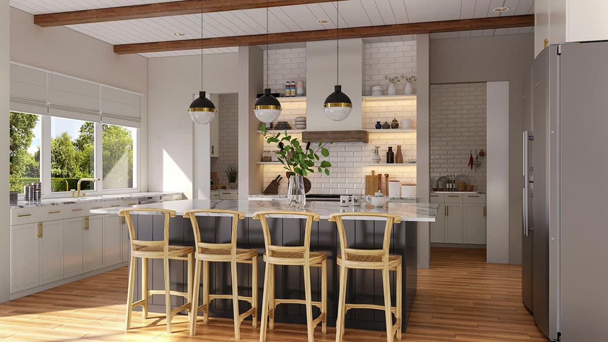 Kitchen interior with island, bar stools, pendant lights, subway tile backsplash, and wood beams on ceiling.