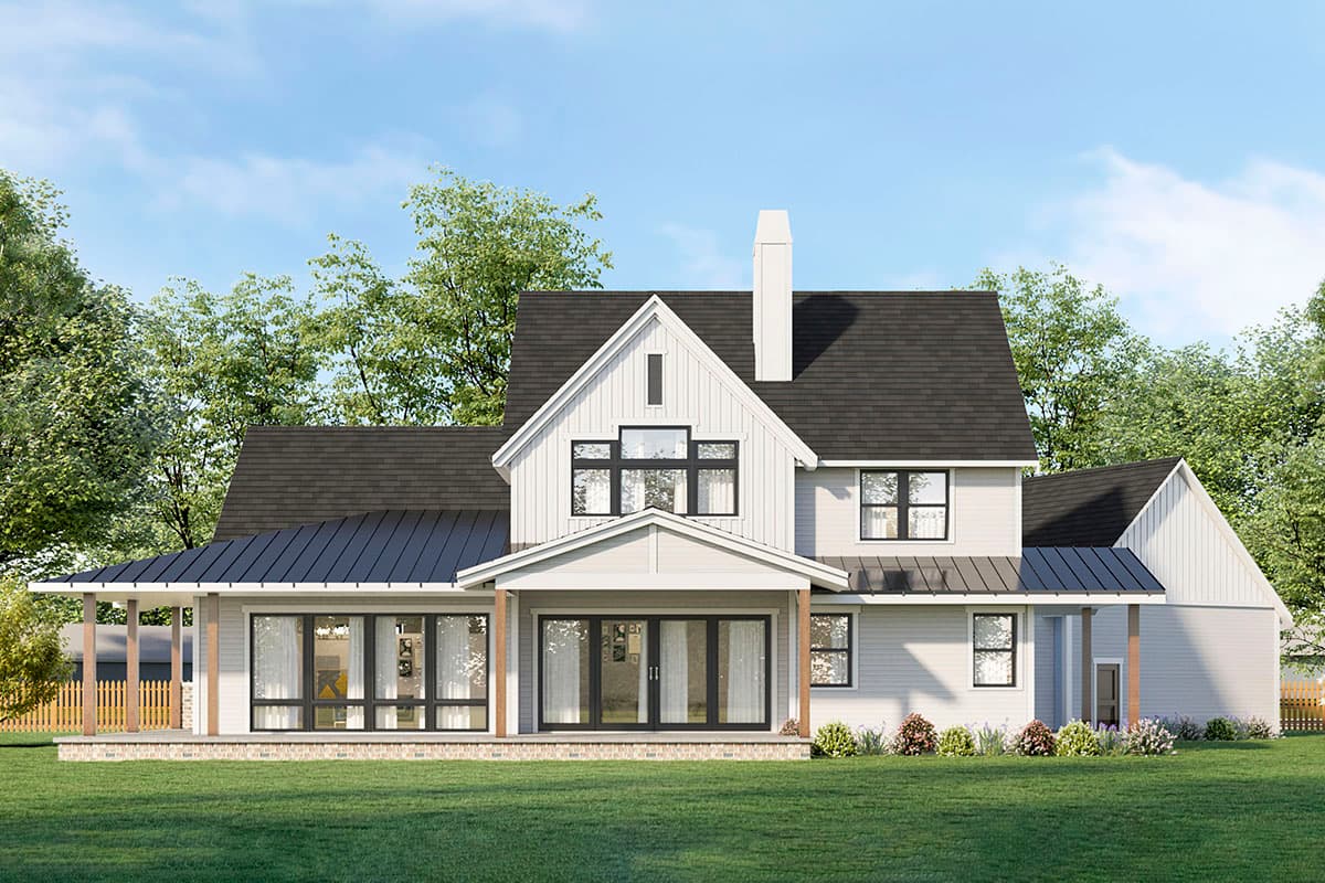 Modern Farmhouse house plan exterior, two stories, with a prominent gable, large windows, covered porch, and metal roof accents.