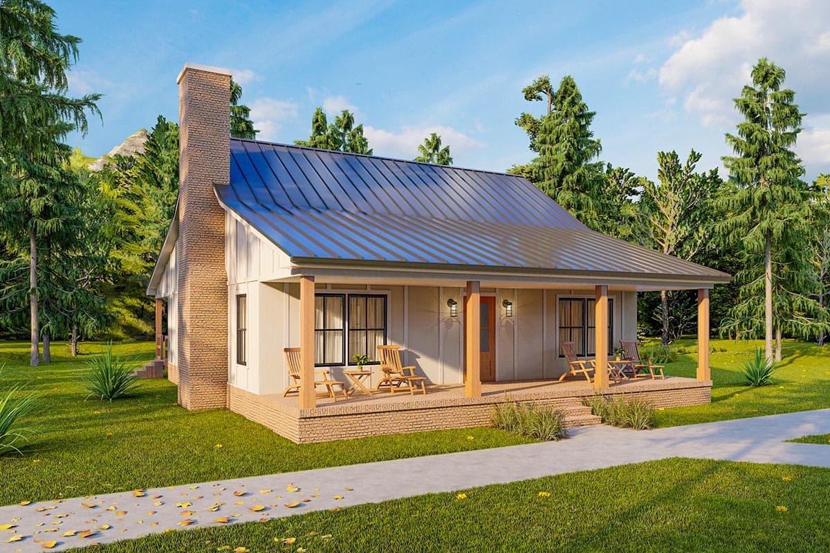 House plan exterior with a single story, metal roof, and brick chimney. Features include a front porch with wood columns and a gabled roofline.