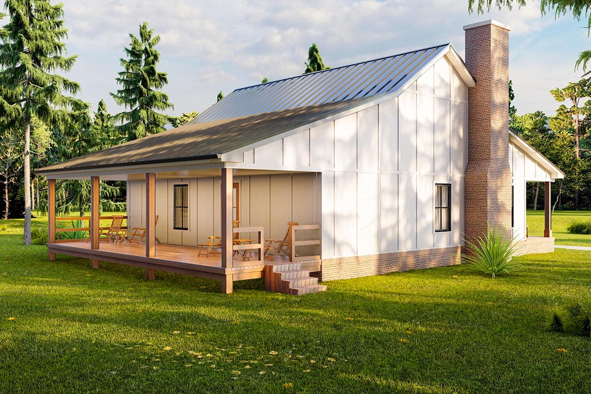 Modern Farmhouse house plan exterior with a wraparound porch, metal roof, board and batten siding, and brick foundation.