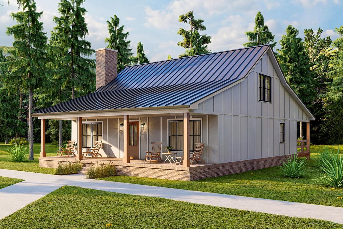 House plan exterior: Modern Farmhouse style, one-and-a-half stories, with a wide front porch, gambrel roof, and vertical siding.
