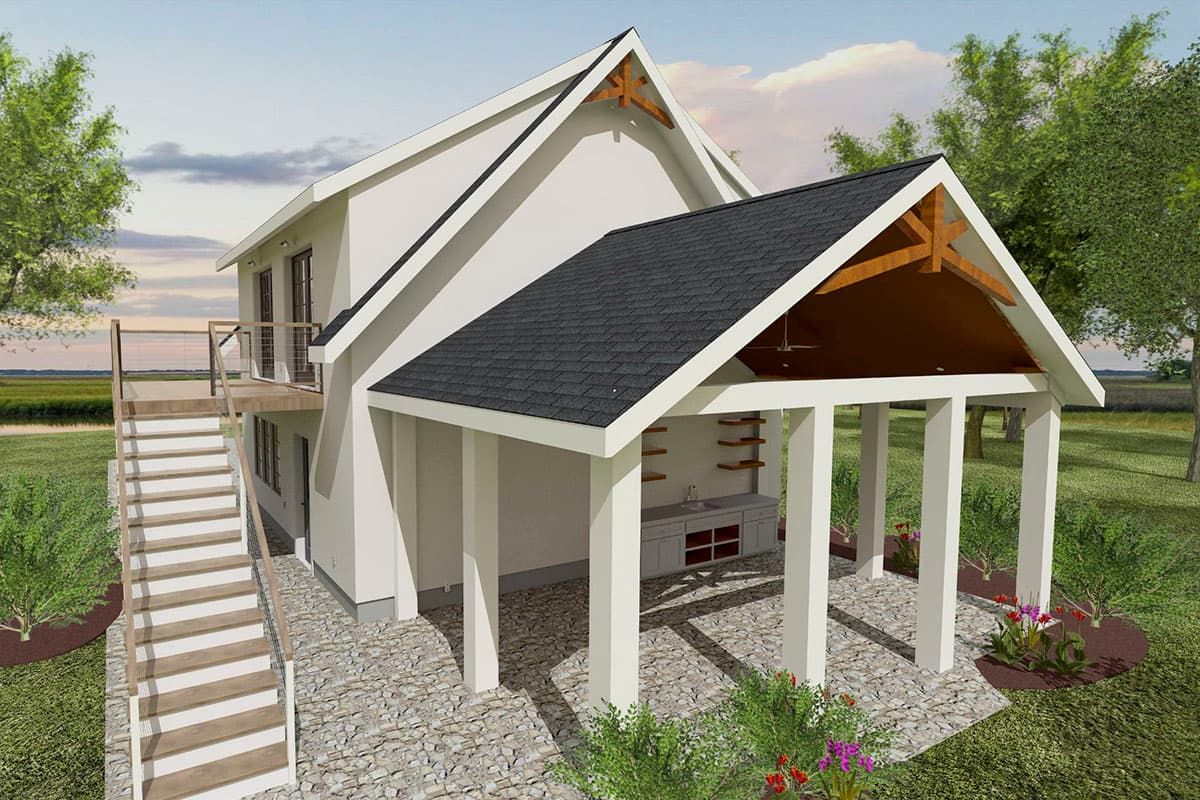 House plan exterior: Two-story home with covered outdoor kitchen, gabled roof, exposed rafter tails, and exterior staircase.