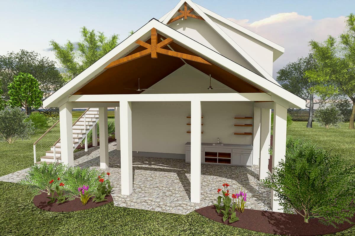 House plan exterior rendering shows a covered patio with exposed beams, an outdoor kitchen, and stairs leading to an upper level.