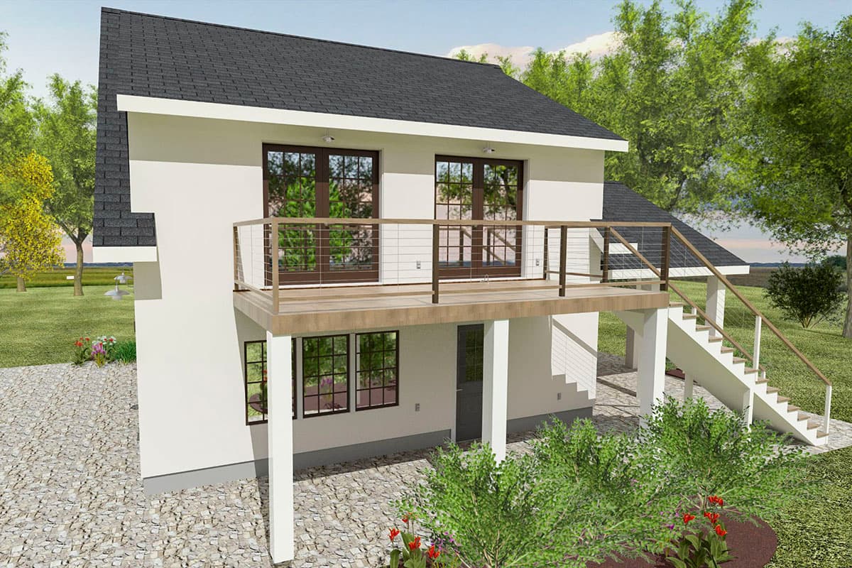 House plan exterior. Two-story with balcony, dark roof, and covered staircase. Features include a deck with metal railing and multiple large windows.
