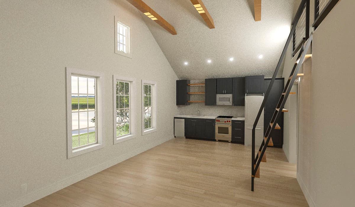 Plan 765046TWN: 650 Square Foot Garage Apartment with Patio in Back and Second Story Porch - Image #7 - Carriage, Cottage, Country, Vacation