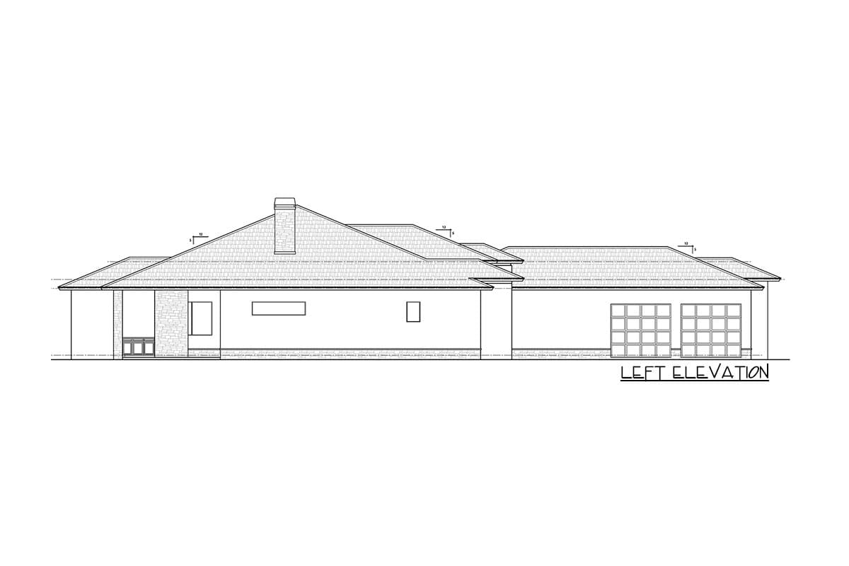 Left elevation drawing of a single-story house plan with a hip roof, prominent chimney, and two-car garage.