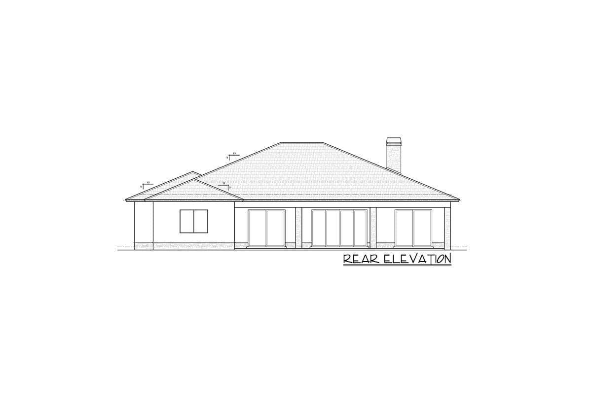 Rear elevation drawing of a single-story house plan with a hip roof, chimney, and numerous sliding glass doors.