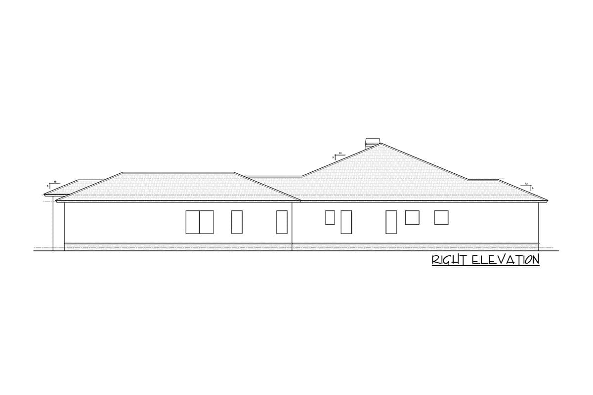 Right elevation drawing of a house plan showing a low-pitched hip roof, varied window sizes, and a chimney.