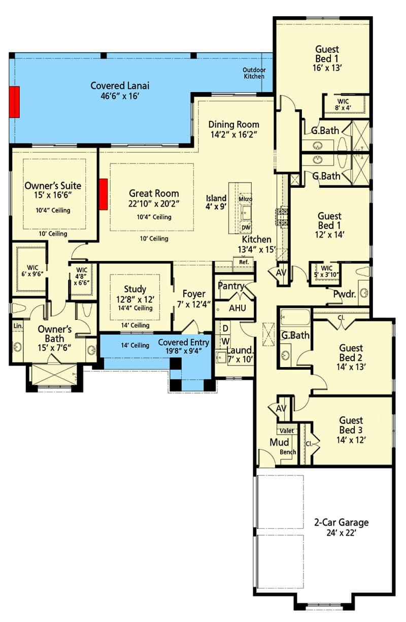 Plan 33253ZR: 4-Bed Home Transitional House Plan with Split Bedrooms and Outdoor Living - 3195 Sq Ft - Floor Plan - Main Level - European, Mediterranean, Mountain, Prairie, Ranch, Transitional