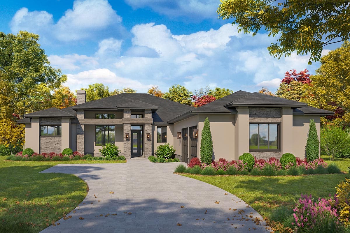 House plan exterior. Modern style, single-story home with flat rooflines, stone facade accents, and attached garage. Driveway leads to entry.