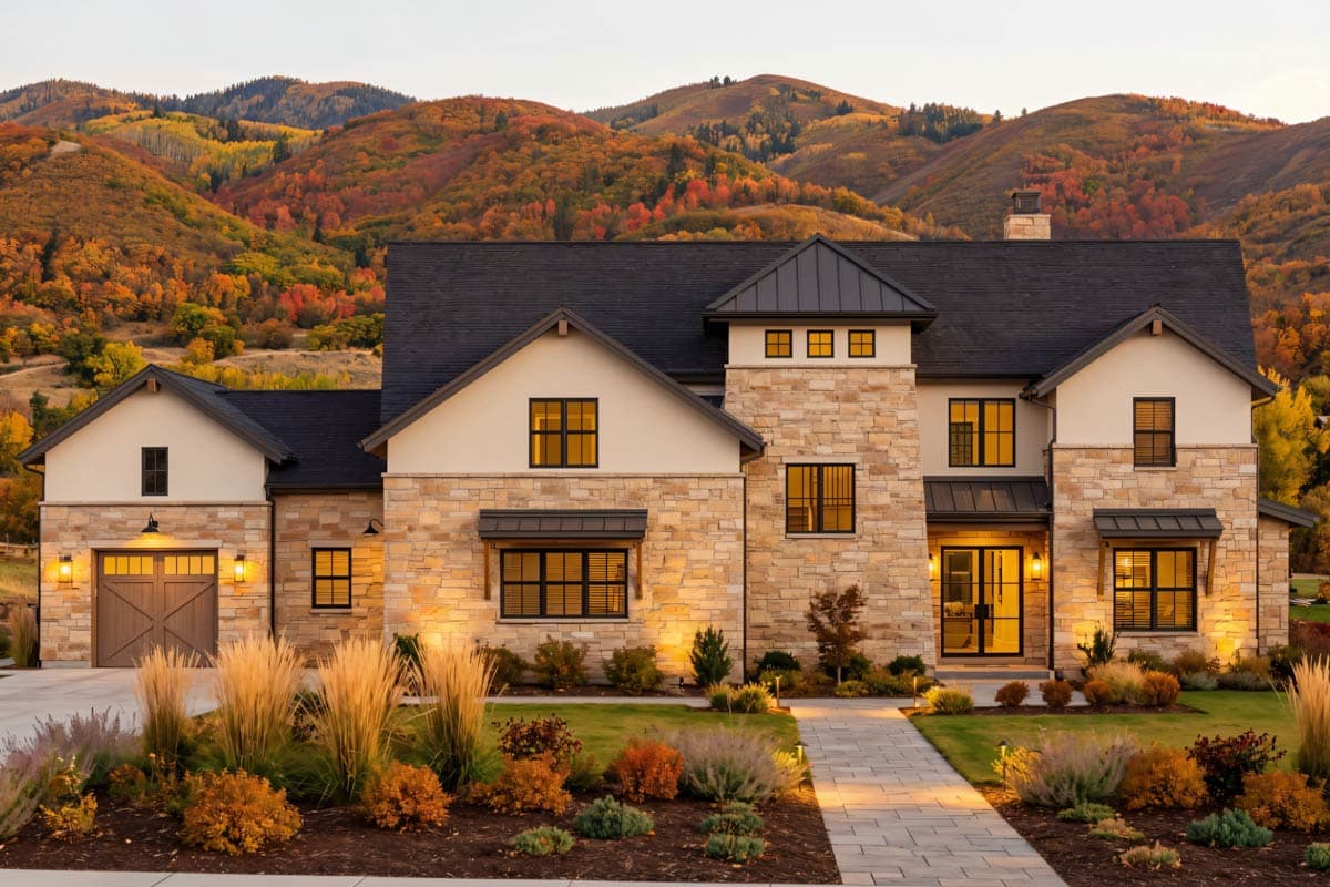 A modern stone and stucco home sits before a mountain range with autumn foliage. The house features dark trim, black windows, and a paved walkway.