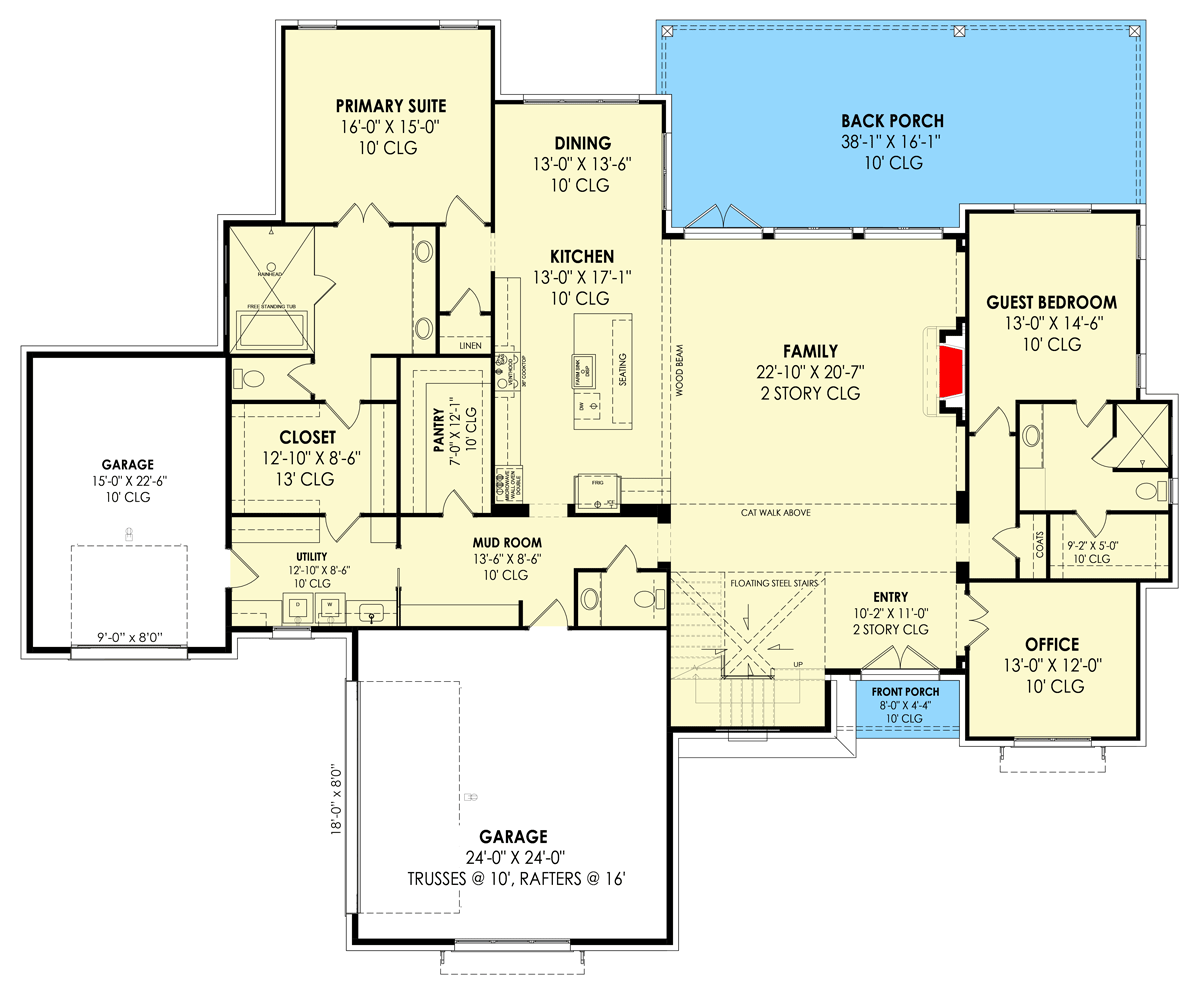 Plan 818029JSS: Modern Hill Country Home Plan with Split 3-Car Garage and 2-Story Great Room - Floor Plan - Main Level - European, French Country, Hill Country, Rustic