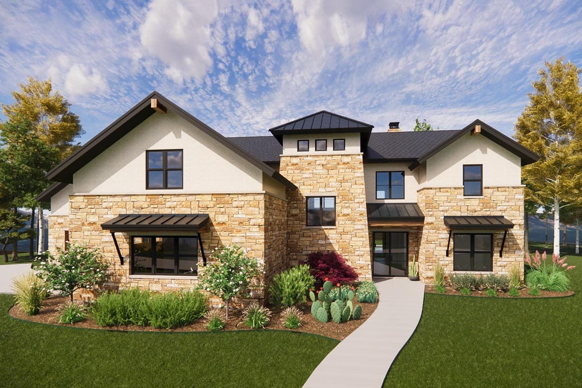 House plan exterior: two-story home with stone accents, gables, and metal awnings over windows.