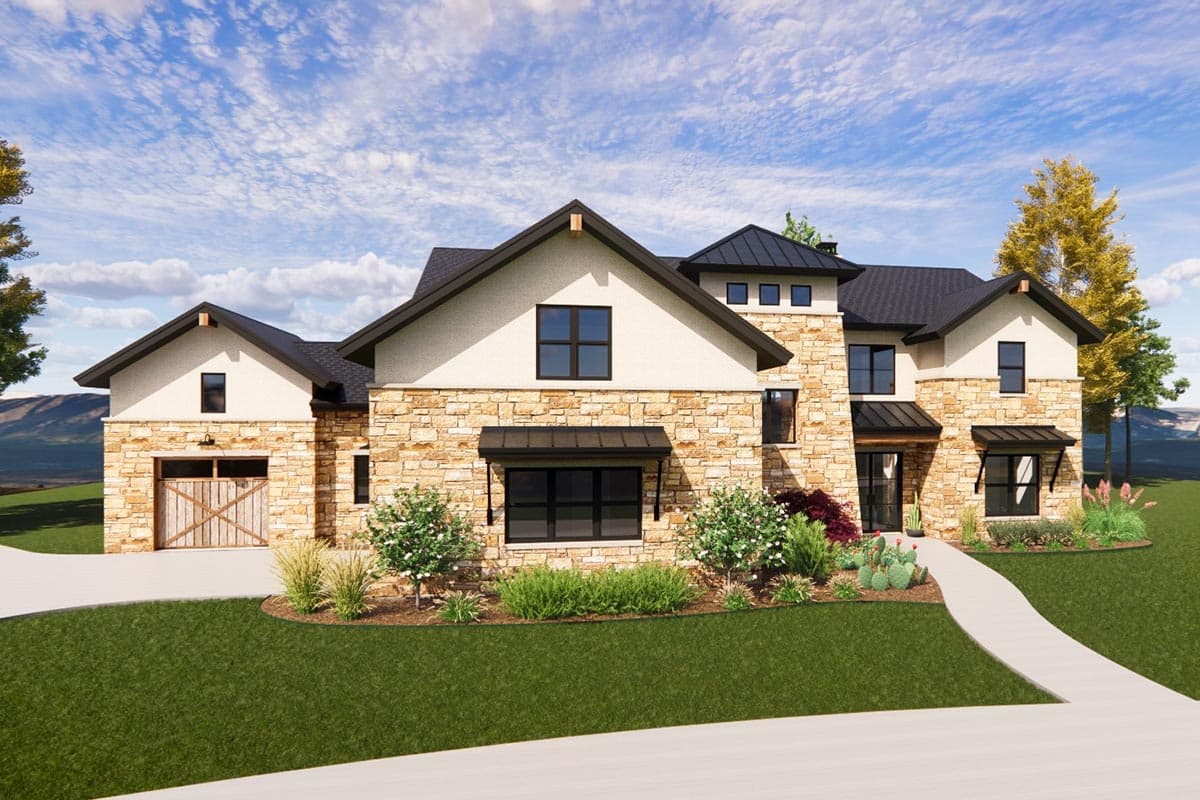 House plan exterior with stone facade, stucco gables, multiple rooflines, and a wooden garage door. Modern style.
