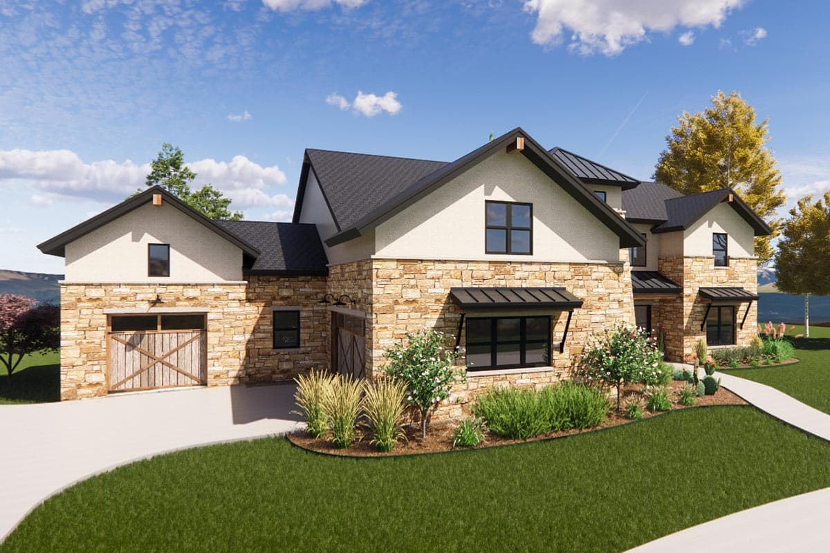 House plan exterior: Modern Farmhouse style, two stories, stone and stucco, with a detached garage and gabled roofs.
