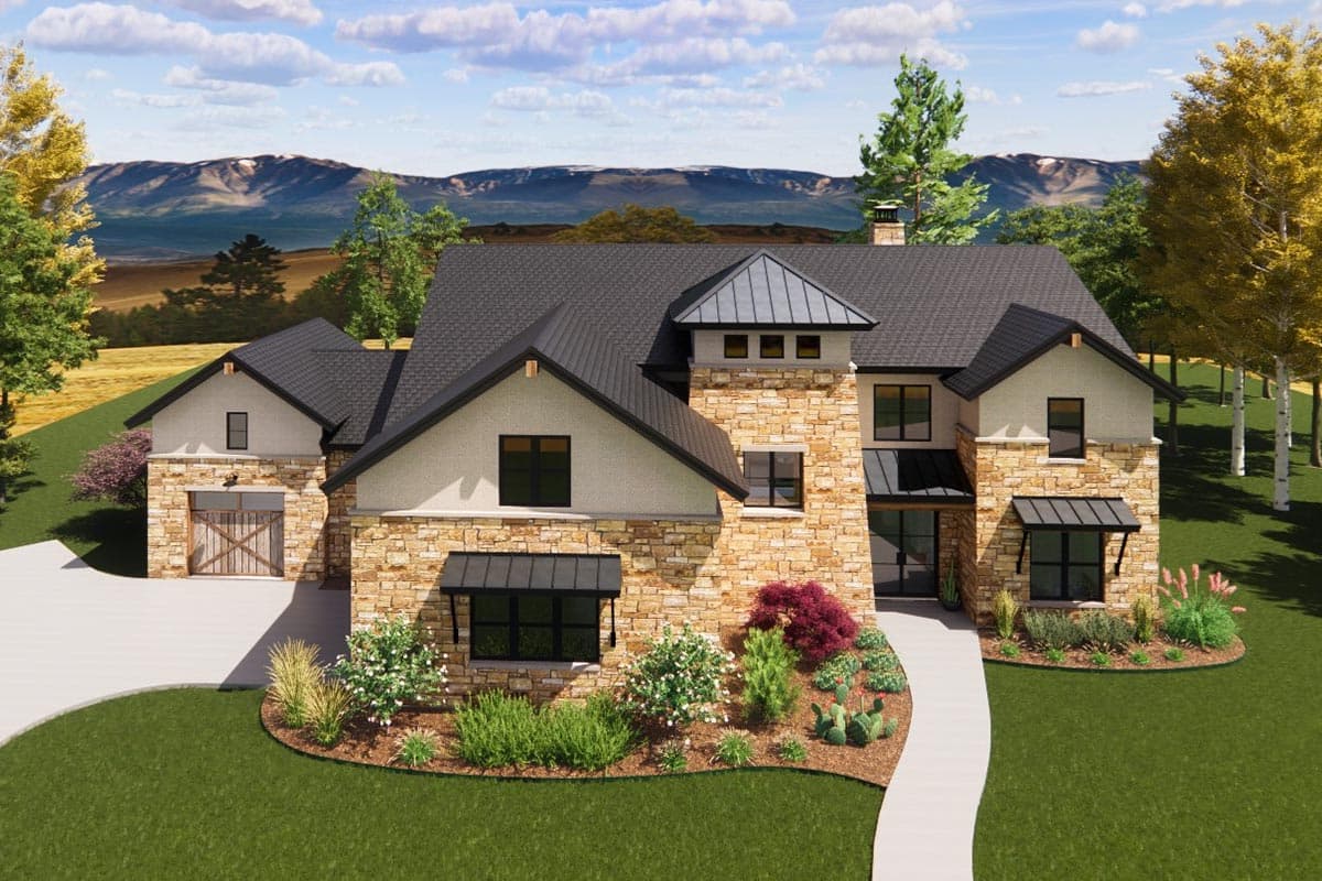 Plan 818029JSS: Modern Hill Country Home Plan with Split 3-Car Garage and 2-Story Great Room - Image #7 - European, French Country, Hill Country, Rustic