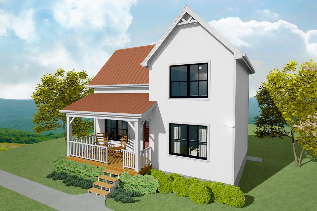House plan exterior. Two-story farmhouse with a porch, gable roof, and dormer. Features include black-framed windows and a red metal roof.