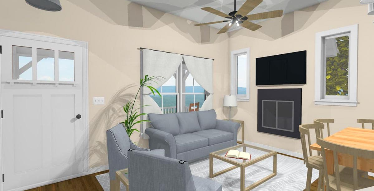 Interior rendering of a living room with fireplace, seating, ceiling fan, and dining area.