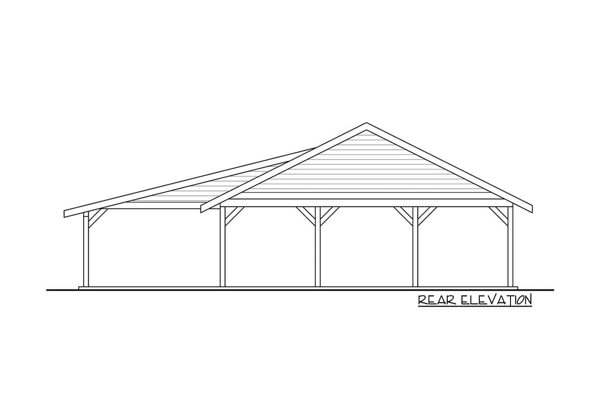 Rear elevation drawing of a covered pavilion with a pitched roof and multiple support posts.