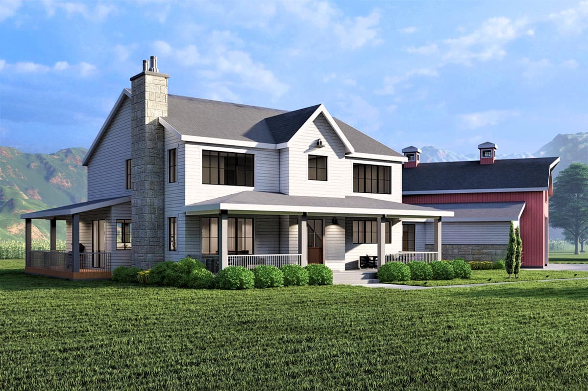 House plan exterior: Two-story modern farmhouse with wraparound porch, stone chimney, and attached barn.