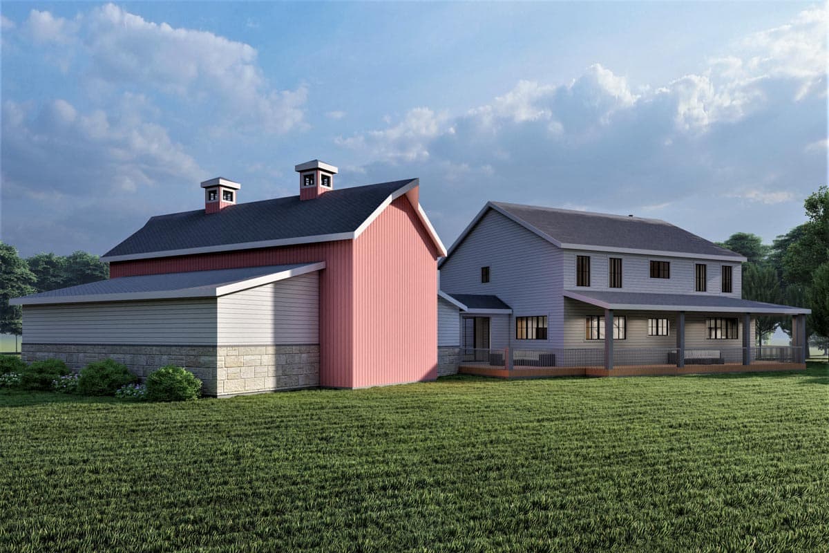 House plan exterior: Two-story modern farmhouse with a red barn-style section, stone foundation, and wrap-around porch.
