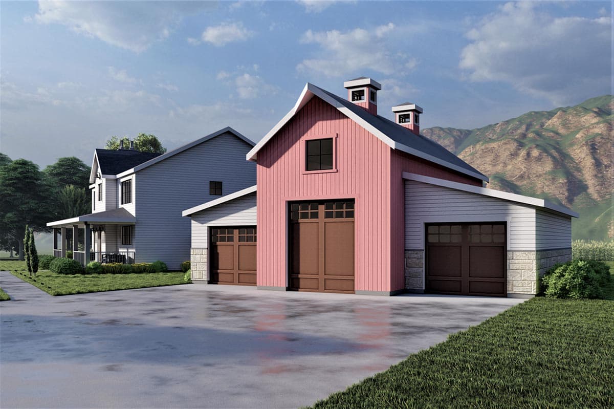 House plan exterior: two-story home with porch next to a pink two-story garage with gambrel roof and stone accents.