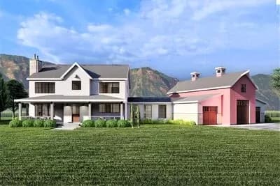 2-Story Farmhouse Plan with Barn-like Angled Garage