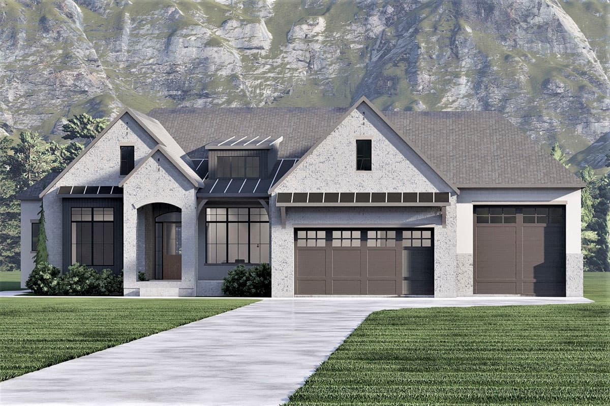 House plan exterior rendering. Features include a stone facade, gabled roof, multi-pane windows, and attached two-car garage.
