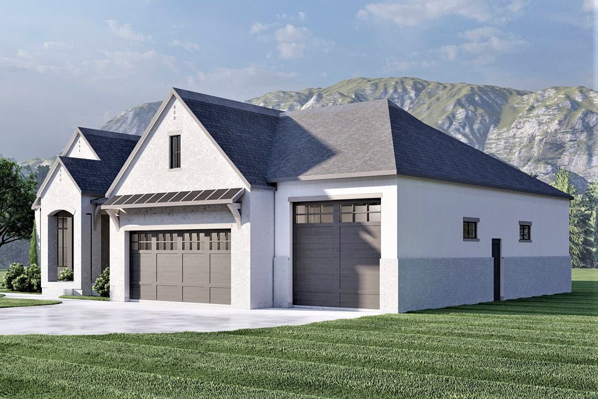 House plan exterior: Modern Farmhouse style with two garage doors, gable rooflines, and textured stone base.
