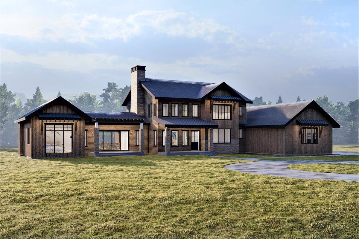 House plan exterior. Two-story Modern Farmhouse with gabled rooflines, a front porch, and a stone chimney.