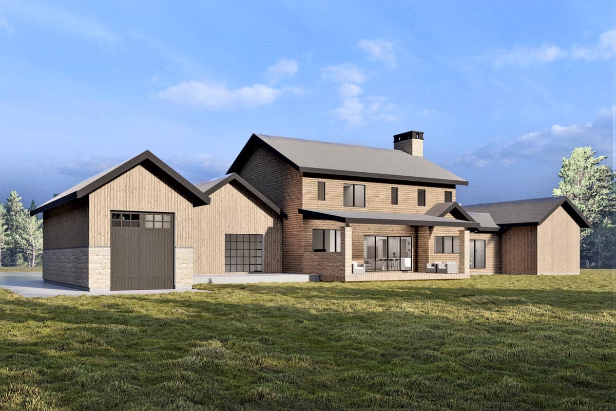 House plan exterior featuring a two-story main house with attached garage, stone base, vertical wood siding, and covered patio.
