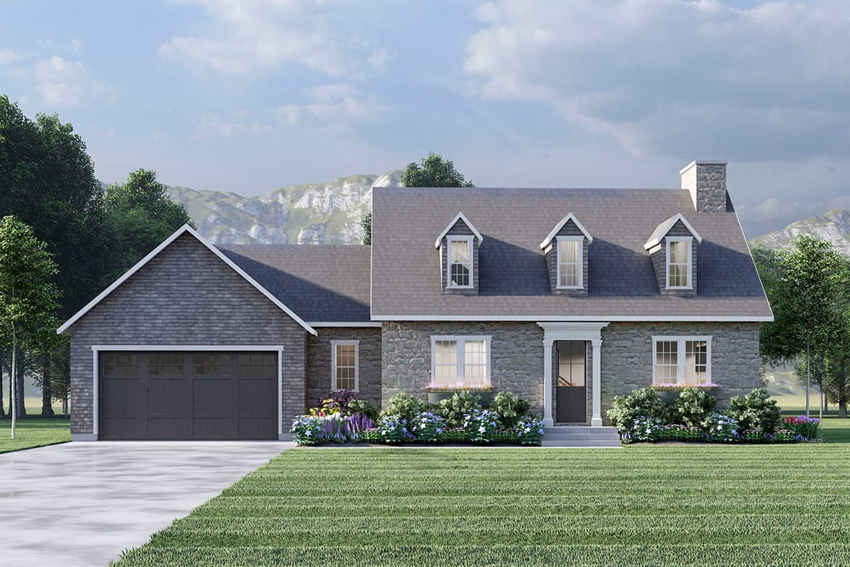 House plan exterior: Two-story stone and shingle home with attached garage, dormer windows, and prominent stone chimney.