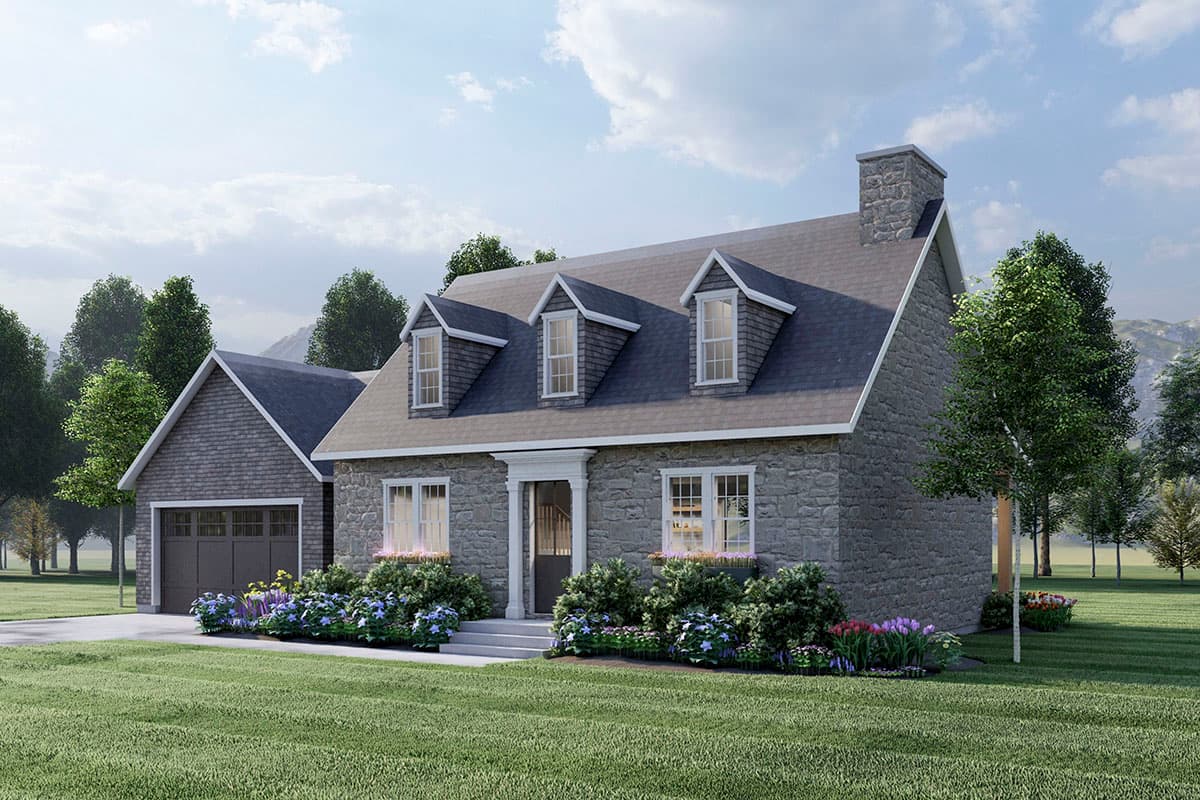 House plan exterior with stone facade, attached garage, and three front dormer windows.